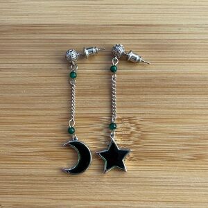 Silver and Green Moon Star Earrings